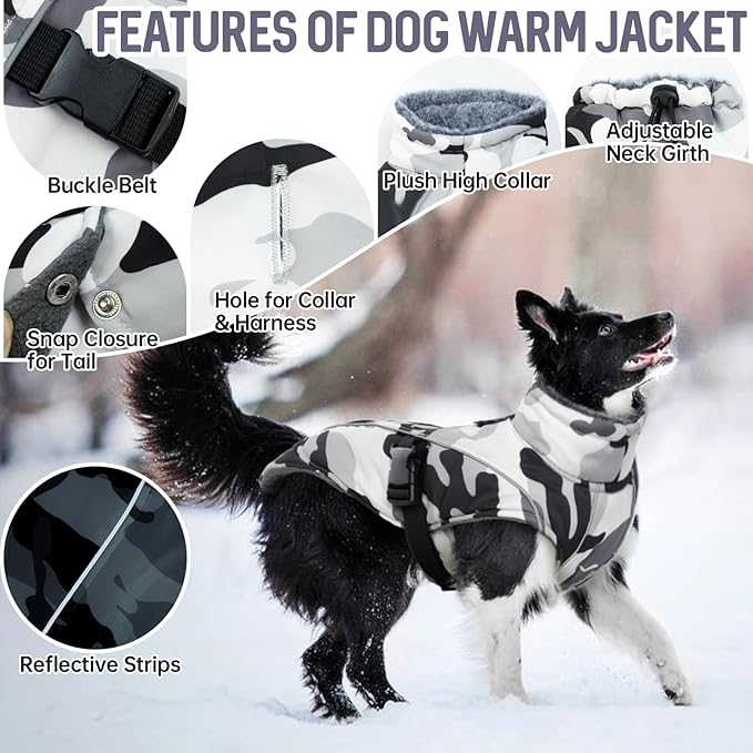 DENTRUN Large Dog Winter Coat - Windproof Reflective Warm Coat, Adjustable Neck & Snap Closure, Water Repellent Thick Fleece Vest, Fleece Lined for for Golden Retriever, White Camo, XL