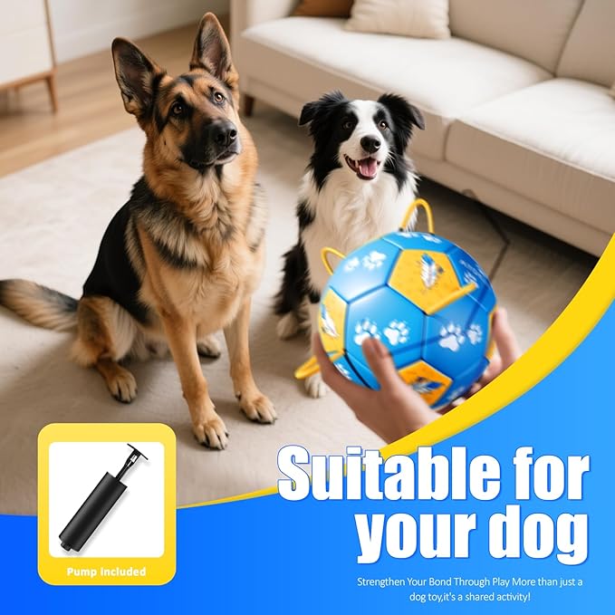 Size 2 Dog Soccer Ball with Straps Durable Training Ball for Pets Interactive Outdoor Dog Toy, Blue & Yellow, Paw Prints and Feather Design, for Small to Medium Puppies