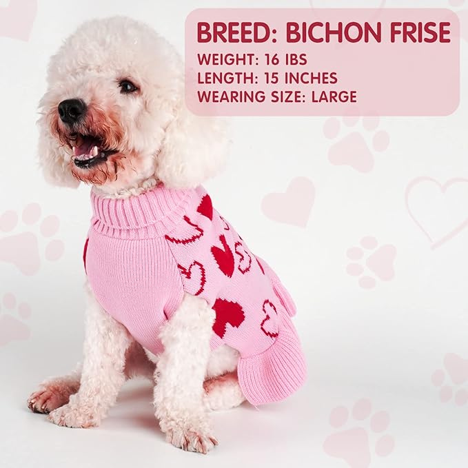 cyeollo Dog Sweater Dress Valentines Day Dog Clothes Pullover Turtleneck with Leash Hole Heart Pattern Holiday Theme Female Pet Apparel for Small Dogs