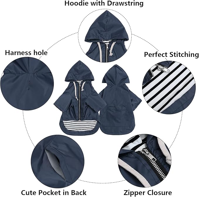 Dog Raincoat rain Jacket Raincoat Dogs Waterproof Small Medium Breeds Zip Closure Storage Pocket Harness Hole Blue L