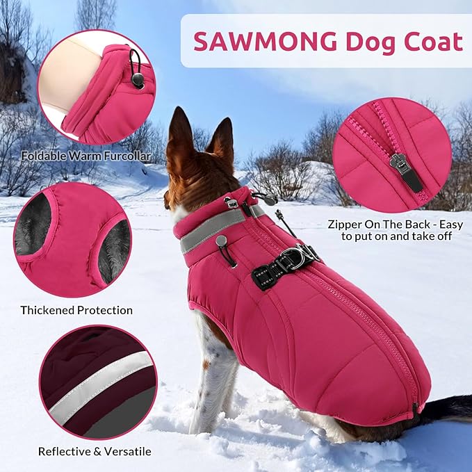 SAWMONG Dog Coat, Warm Dog Winter Coat, Waterproof Fleece Jacket, Cold Weather Dogs Jacket (S,Rosered)