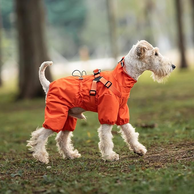 Mile High Life Waterproof Dog Raincoat, Full Coverage Small Dog Rain Coat with Harness, Adjustable 4 Legs Puppy Rain Jacket with Reflective Strip and Elastic Cuffs (Orange, S Back Length 13")