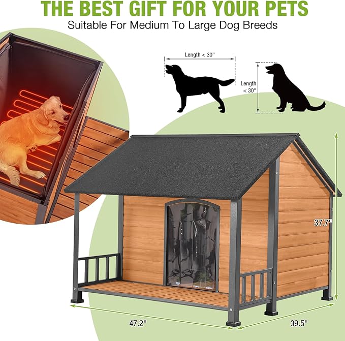 GUTINNEEN Heated Dog House for Outside Large Insulated Dog House Outdoor with Safe Heated Pad, Chew-Proof Metal Frame and Insulated Liner for Medium to Large Dogs, 44.5" L x 45" W x 35" H