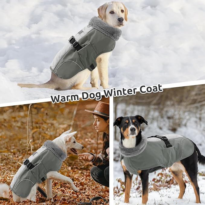 Queenmore Dog Jackets for Large Breeds, Dog Cold Weather Coats Waterproof, Thick Fleece Lining Pet Coats XL Winter, Grey, XL