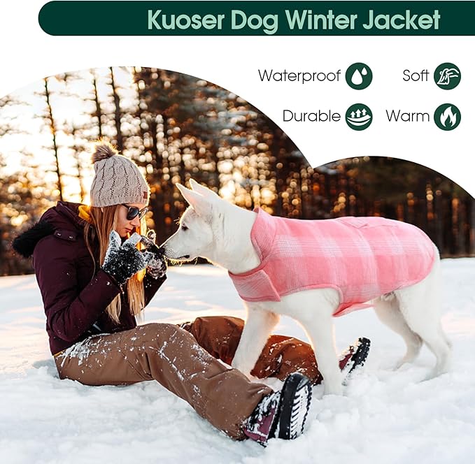 Kuoser Reversible Winter Coat, British Style Jacket for Small Medium Dogs - Warm, Windproof Puppy Cold Weather Vest, Pink M