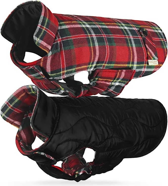 VIVAGLORY Softjoy Dog Coat, Dog Jacket for Winter & Christmas, Coat with Harness Hole & Velcro Closure, Reversible Plaid Checkered Warm Fluffy Heavy Duty for Puppy, XS, Red