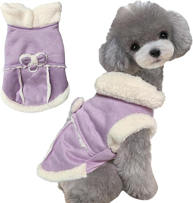 Jecikelon Bowtie Dog Cold Weather Coat Fleece Lining Warm Pet Puppy Turtleneck Dogs Winter Clothes for Small Dogs with D-Ring (Purple, X-Small)