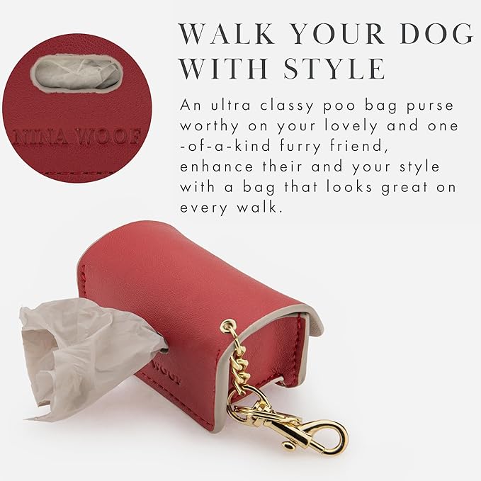 NINA WOOF Leather Poop Bag Holder- Versatile Vegan Leather Waste Bag Holder for Dog Poop, Accessories, & Leash, Reusable Pet Waste, Trash, Pet Diaper & Poop Bags Small Pouch Holder (Red)
