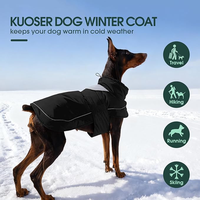 Kuoser Dog Jacket, Dog Coats for Large Dogs, Winter Waterproof Big Doggie Vest, Reflective Dogs Cold Weather Coat, Windproof Turtleneck Pet Puffer Jacket Snowsuit Clothes with Harness Hole
