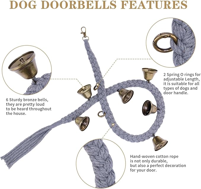 2 Pack Dog Bells for Door Potty Training, Handwoven Cotton Rope Dog Doorbell with 6 Extra Loud Bells, Adjustable Dog Door Bells for Small Medium Large Dogs to Ring to Go Outside, Grey