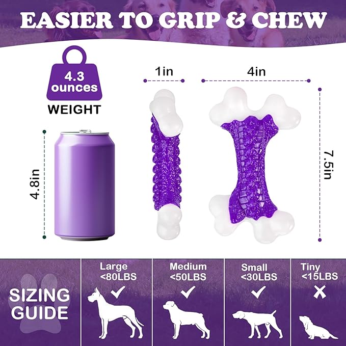 6-Pack Tough Dog Chew Toys for Aggressive Chewers Large Medium Breed Bacon Flavor, Bone Toy Dog, Nylon Heavy Duty Extreme Indestructible Teething Training