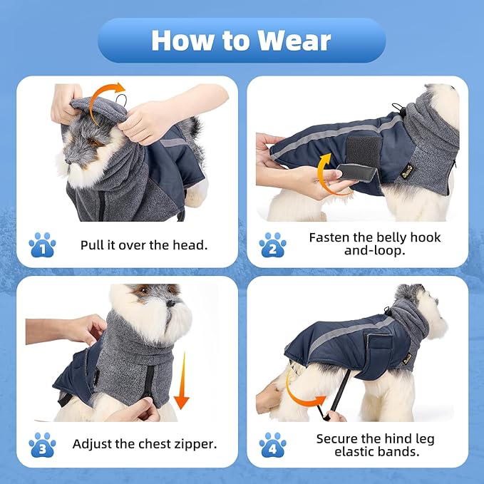 SlowTon Winter Dog Coat, Warm Polar Fleece Lining Doggie Outdoor Jacket with Turtleneck Scarf Reflective Stripe Adjustable Waterproof Windproof Puppy Vest Soft Pet Outfits (XL,Dark Blue)