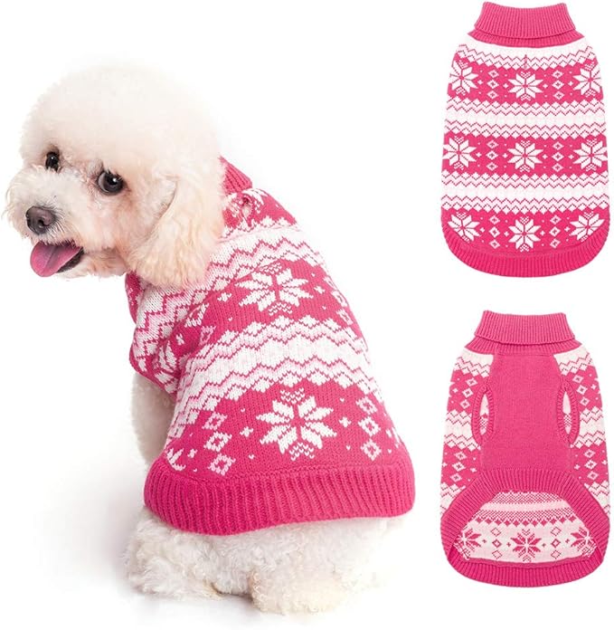 KOOLTAIL Cable Knit Dog Sweater Turtleneck, Cold Weather Pullover Classic Knitwear, Snowflake Pattern Thick Warm Winter Pet Clothes, Dog Christmas Sweater for Small Medium Large Dogs Girl, Pink S