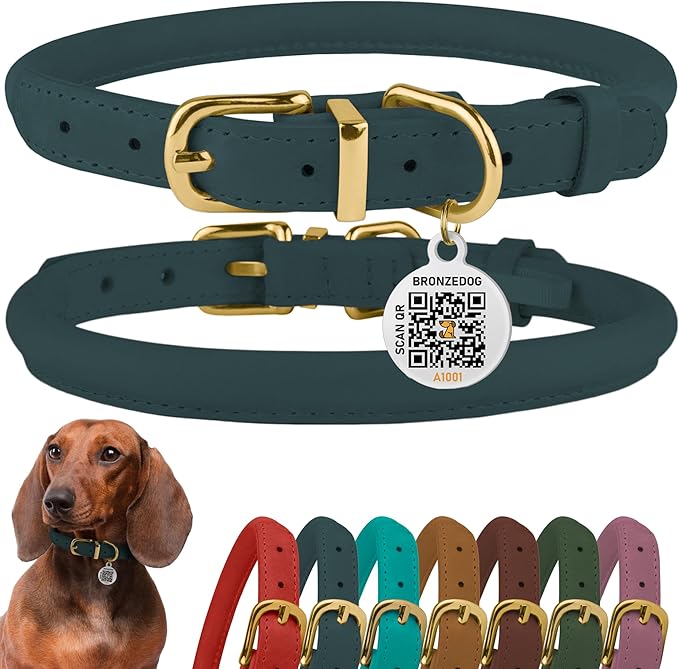 BronzeDog Rolled Leather Dog Collar with QR ID Tag, Adjustable Soft Round Collars for Small Medium Large Dogs Puppy (11" - 14 1/2" Neck Size, Denim)