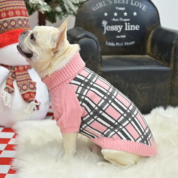 SCENEREAL Turtleneck Dog Sweater for Small Medium Large Dogs Girls Boys, Christmas Plaid Pullover Puppy Sweatershirt, Dogs Cold Weather Outfit Clothes, Ideal Gift for Pet in New Year, Pink Plaid ML