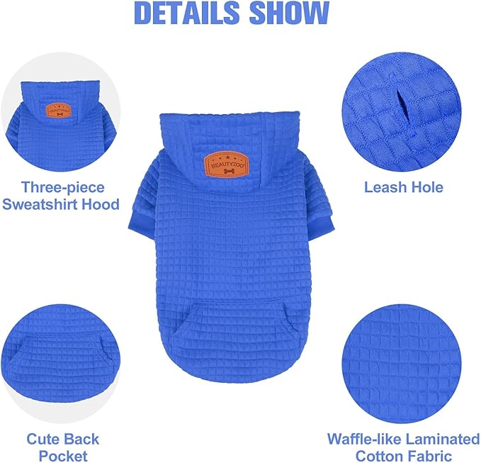 BEAUTYZOO Small Dog Hoodie Sweater with Pockets, Dog Clothes for Small Medium Dogs Boy Girl, Waffle-Like Laminated Cotton Pet Coats with Hat and Leash Hole, Blue S