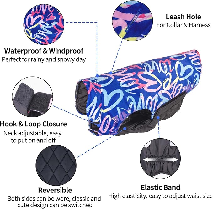 CuteBone Winter Coat Waterproof Windproof Jacket Reversible Vest Thick Adjustable Cold Weather Coats for Small Medium Large Dogs Soft With Leash Hole