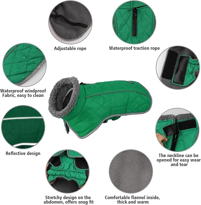 Fragralley Dog Coat Large, Waterproof Dog Jacket with Warm Fleece Lining, Adjustable Reflective Dogs Winter Coat, Turtleneck Pet Coats for Cold Weather (Green XXXL)