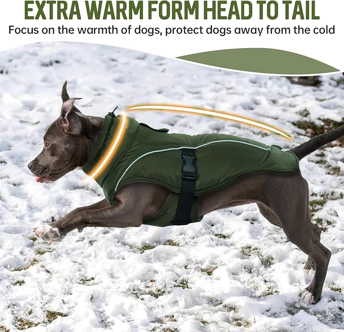DENTRUN Dog Winter Coat - Windproof Reflective Jacket, Plush Turtleneck & Adjustable Belt, Water Repellent Fleece Lined Cold Weather Vest for Corgi Bulldog, Army Green, L