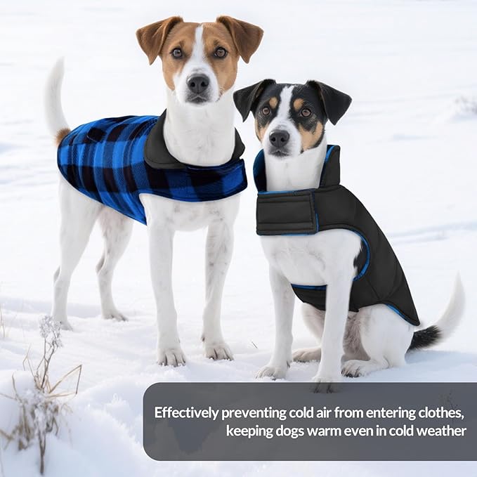ASENKU Dog Winter Coat, Fleece Doggie Jacket Plaid Reversible Vest Waterproof Windproof Cold Weather Clothes for Small Medium Large Dogs (M, Blue)