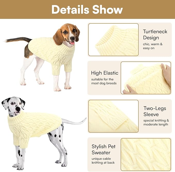 Queenmore Dog Sweaters for Large Dogs Girls Boys,Warm Pullover Extra Large Dog Sweater,Dogs Christmas Sweaters,Classic Turtleneck Thick Clothes for Extra Large Pets, Pitbull, Boxer(Beige,XL)