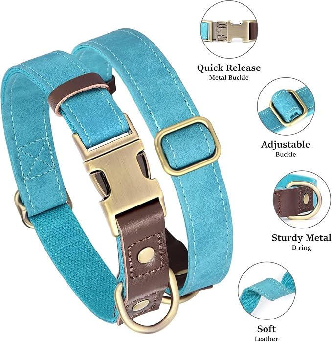 Didog Soft PU Leather Dog Collars for Medium Dogs,Classic Adjustable Dog Collars with Quick Release Metal Buckle,Easy Clean and Comfortable with Nylon Lining,Light Blue,M Neck 13-19"
