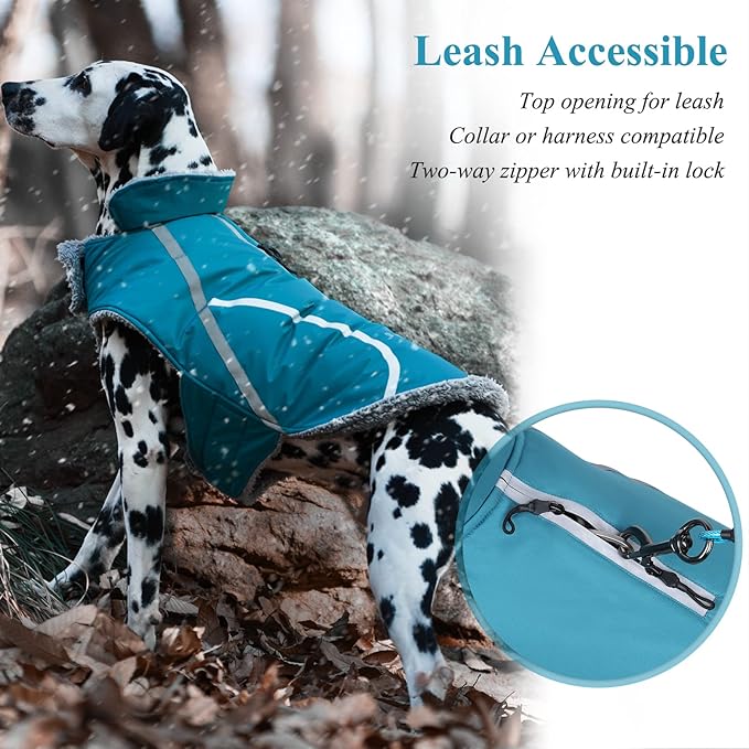VIVAGLORY Frostfit Dog Coat, Dog Jacket for Winter & Cold Weather, Warm Fluffy Fleece Lined Water Resistant Reflective for Puppy, Coat with Velcro Fastening & Leash Hole, S, Turquoise