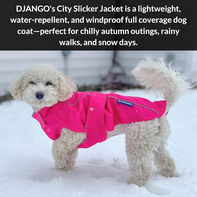 DJANGO Dog Jacket & Raincoat – Lightweight Water-Resistant Coat for Small, Medium & Long Dogs Like Dachshunds – Reflective, Adjustable Fit, Harness-Compatible & Easy-Access Harness Hole - Pink, Large