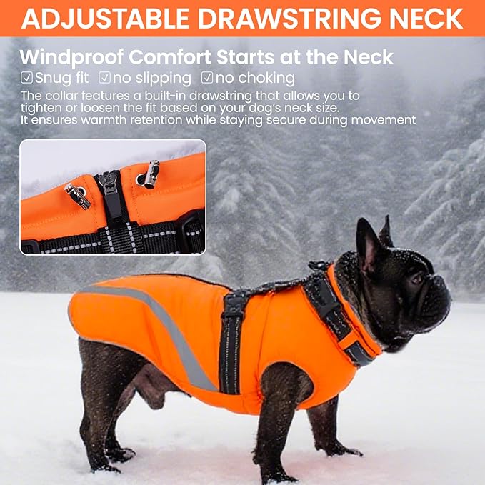 QBLEEV Dog Coat for Small Dogs, Waterproof Dog Jacket with Built-in Harness, Puppy Cold Weather Coats Reflective Vest, Windproof Warm Fleece Snowsuit Winter Coat for Chihuahua, Yorkie, Orange, XS