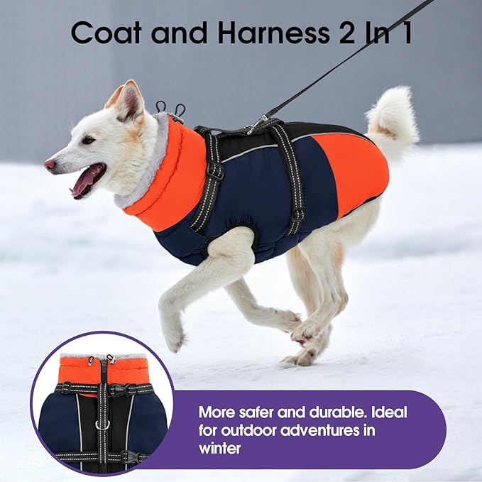 SUNFURA Dog Coat, Dog Jacket for Large Dogs with Harness Built in, Warm Pet Winter Coat Zip Up Snow Jacket with Furry Collar for Boston Terrier, French Bulldogs, Blue L