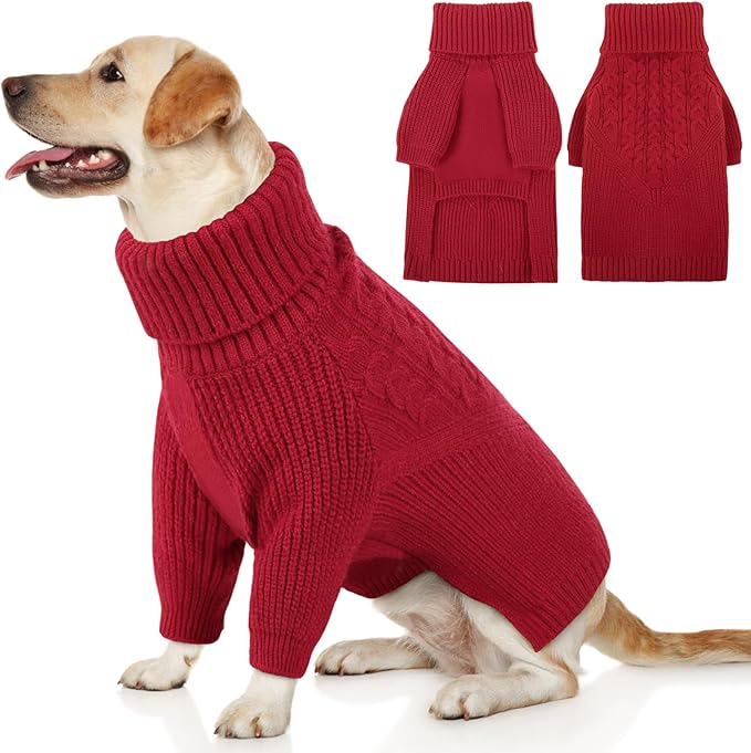 Queenmore Dog Sweater, Puppy Sweater for Small Dogs,Warm Winter Fall Dog Sweaters for Dog Girls Boys, Solid Turtleneck Knit Sweater for Large Medium Dogs,Long Sleeves Christmas Dog Sweater Red,XL