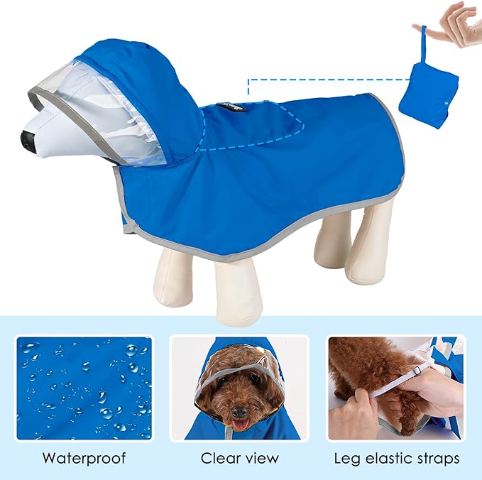 Lukovee Dog Raincoat, Adjustable Dog Rain Jacket with Clear Hooded Double Layer for Large Medium Small Dogs Puppies, Waterproof Rain Coat Poncho with Reflective Storage Pocket & Rim (Blue, XS)