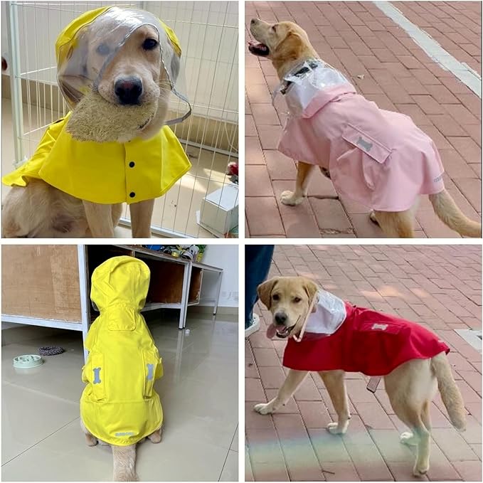 Dog Raincoat,Waterproof Rain Poncho with Hoodie, High Reflective Adjustable Pet Rain Jacket with Leash Hole for Small Medium and Large Dogs (Red, Large)