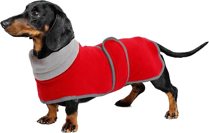 Geyecete Dachshund Sweater - Padded Fleece Dog Jacket for Winter, Dachshund Coat with High Collar, Red, S