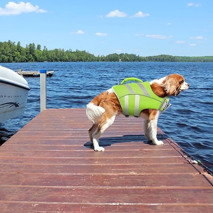 Kuoser Medium Dog Swim Vests - Reflective Life Jackets for Beach & Boating, Green