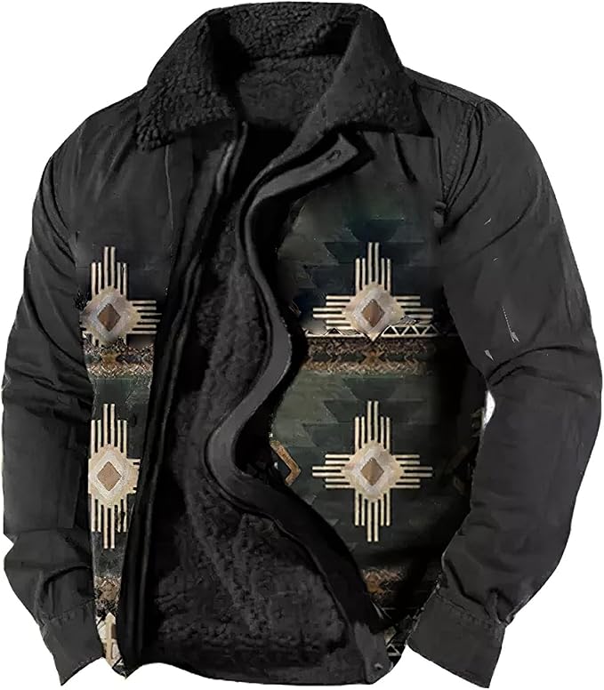 LOAIHA Men's Western Aztec Vintage Print Sherpa Fleece Lined Jackets Casual Zipper Winter Warm Jacket Coats
