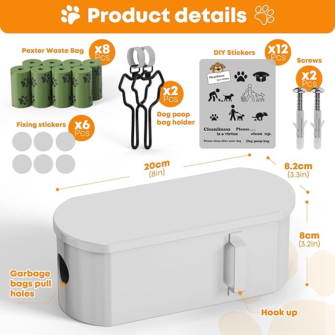 Dog Poop Bag Dispenser Wall Mount with 2Pcs Holders and 8 Rolls of Waste Bag,Magnetic Door Closure,Metal, Corrosion-resistant,High capacity,Suitable for Outdoor, Indoor, Raising Puppies,White
