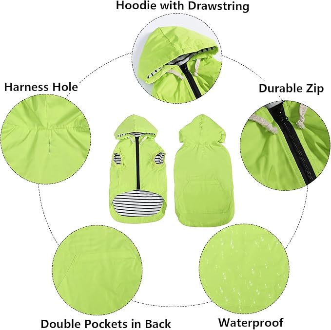 Dog Raincoat rain Jacket Dogs Waterproof fit for Small Medium Breeds Zipper Closure Pocket Storage in Cold Day - Light Green - XS