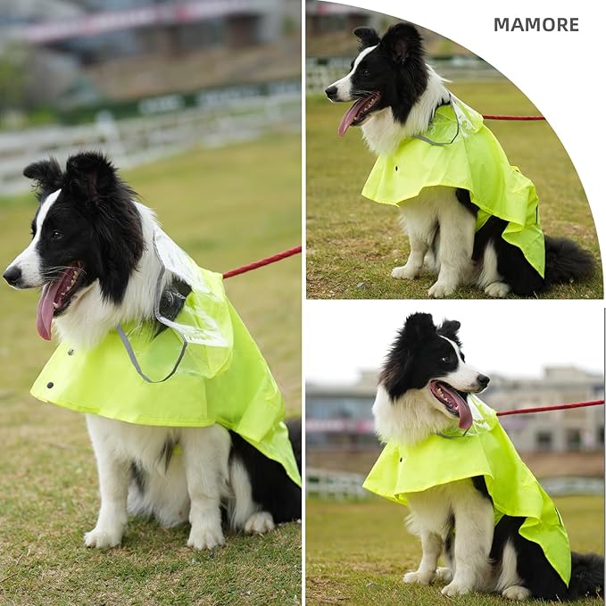 Dog Waterproof Raincoat with Poncho Hoodie, High Reflective Adjustable Yellow Pet Rain Jacket with Leash Hole for Small Medium and Large Dogs (Fluorescent Green, Large)