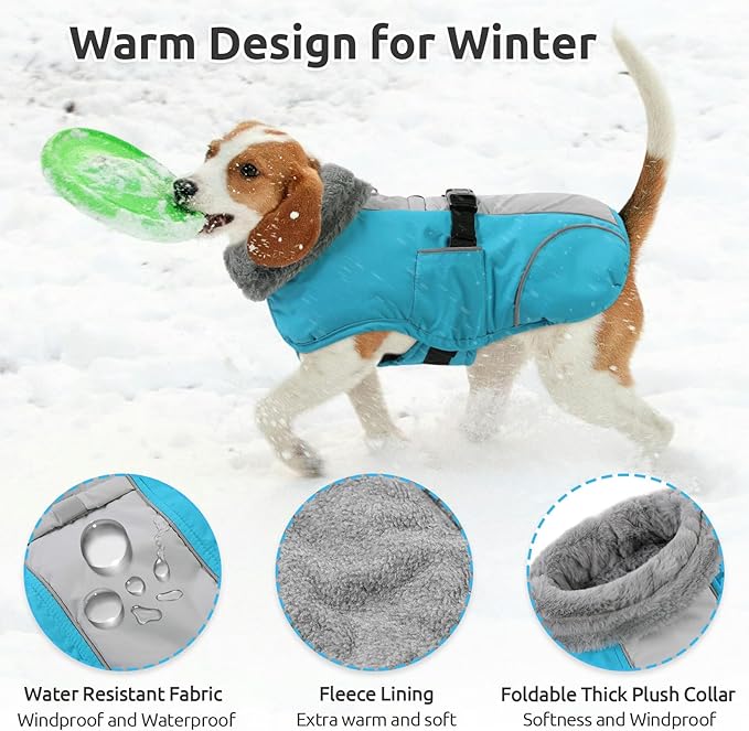 Queenmore Dog Winter Jacket, Fleece Lining Pet Vests for Winter, Dog Cold Weather Coats, Dogs Coat for Medium Puppy Waterproof, Pet Snowsuit with Leash Hole, Blue, M