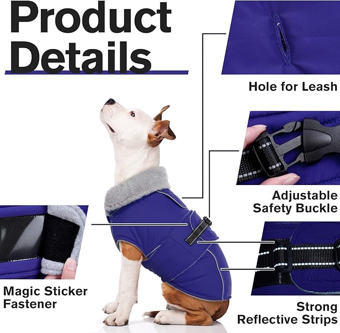 Lelepet Warm Dog Winter Coat Waterproof Dog Jacket with Adjustable Buckle & Leash Hole Reflective Pet Fleece Snowsuit Turtleneck Windproof Cold Weather Coats, Blue, S