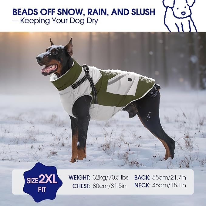 FUAMEY Dog Winter Jackets for Large Dogs,Dog Coat with Harness Built in,Waterproof Dogs Snowsuits Warm Pet Jacket Zip Up Fleece Cold Weather Coats Reflective Puppy Vest with Pocket Green 2XL