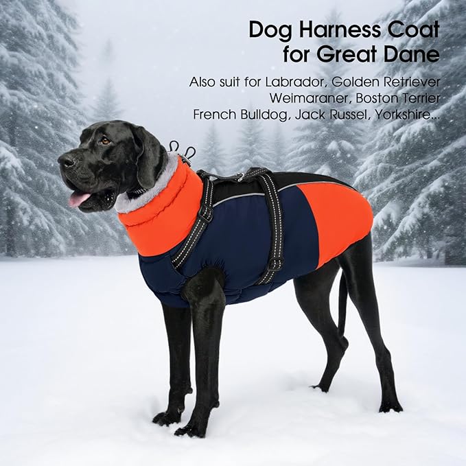 SUNFURA Dog Coat, Warm Dog Jacket with Harness Built in, Waterproof Pet Winter Coat Snowsuit with Zipper, Reflective Fleece Jacket for Extra Large Dogs, Weimaraner, Blue XXL