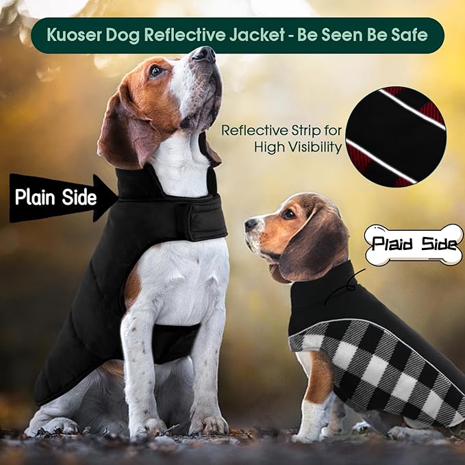 Kuoser Dog Winter Coat, Reversible Waterproof Dog Jacket with Reflective Strip, Warm Dogs Fleece Vest Adjustable Doggy Cold Weather Clothes Plaid Christmas Outfit Pet Apparel for Small Dogs, Black S