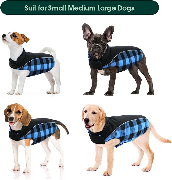 Kuoser Dog Winter Coat, Reversible Waterproof Dog Jacket with Leash Hole, Warm Dogs Fleece Vest Adjustable Doggy Cold Weather Clothes Plaid Christmas Outfit Pet Apparel for Extra Large Dogs, Blue 3XL