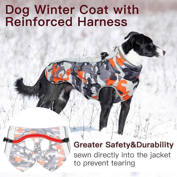Dog Coat Dog Winter Jacke XX Large Warm Dog Coat Zip Up Snowsuit Dog Harness Vest Reflective Water-Resistant Dog Coat Dog Snow Jacket for Large Dogs Border Collie, Pit Bull, Orange-Camouflage