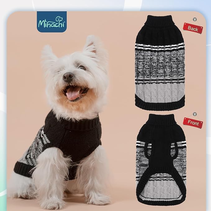 Mihachi Dog Sweater for Small Medium Dogs, Soft Warm Shirt, Cold Weather Coat Turtleneck Knitted Pullover Clothes With Leash Hole for Large Cat Puppy Pet, Black SM