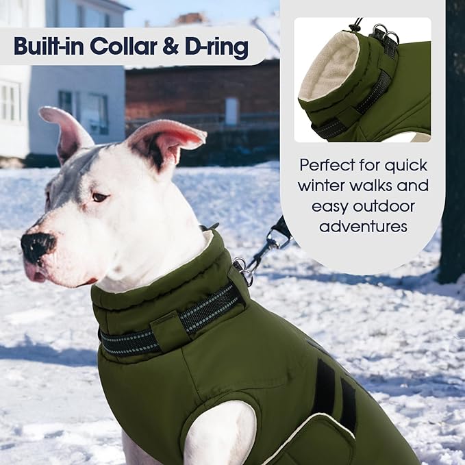 IECOii Winter Dog Coats for Large Dogs, Dog Snow Jacket with Built in Collar & Reflective Strips, Warm Windproof Fleece Dogs Jacket for Cold Weather, Adjustable Easy On Pet Snowsuit, Army Green - XL