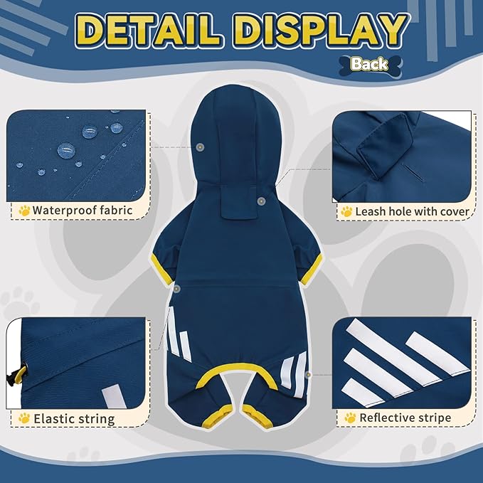 Dog Raincoat, Waterproof Dog Rain Jacket with Hood, Rain Coat with Leash Hole, Reflective Strap for Small Medium Dogs, Lightweight Puppy Clothes(Blue,L)