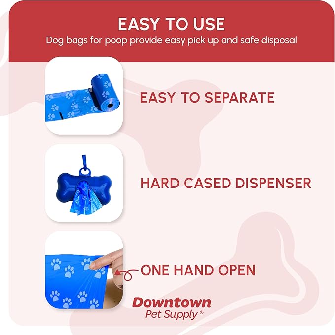 Downtown Pet Supply Poop Bags for Dogs with Dispenser, 2200 Count - Leak-Proof Dog Waste Bags and Bone-Shaped Dog Poop Bags Holder for Leash - Rainbow with Paw Prints of Colors, 12.5" x 8.5"